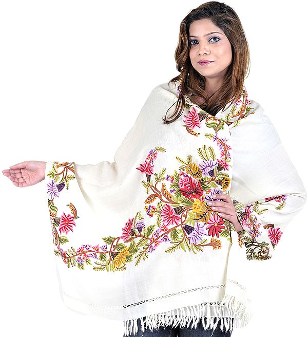 Ivory Stole from Kashmir with Aari Embroidered Flowers by Hand