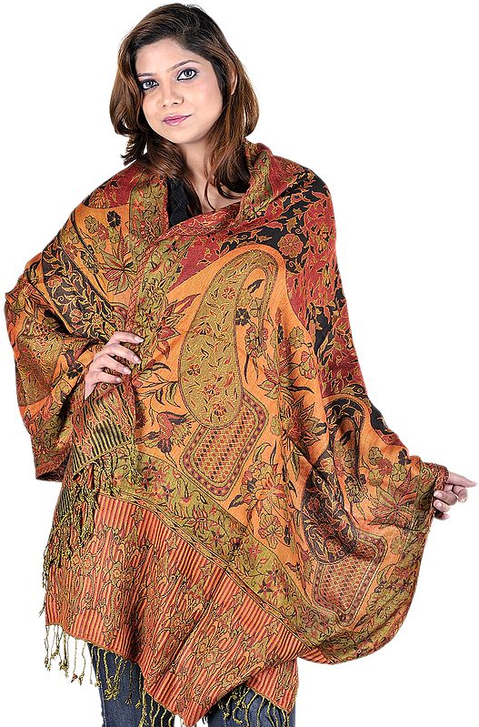 True-Red and Orange Reversible Jamawar Stole with Woven Paisleys