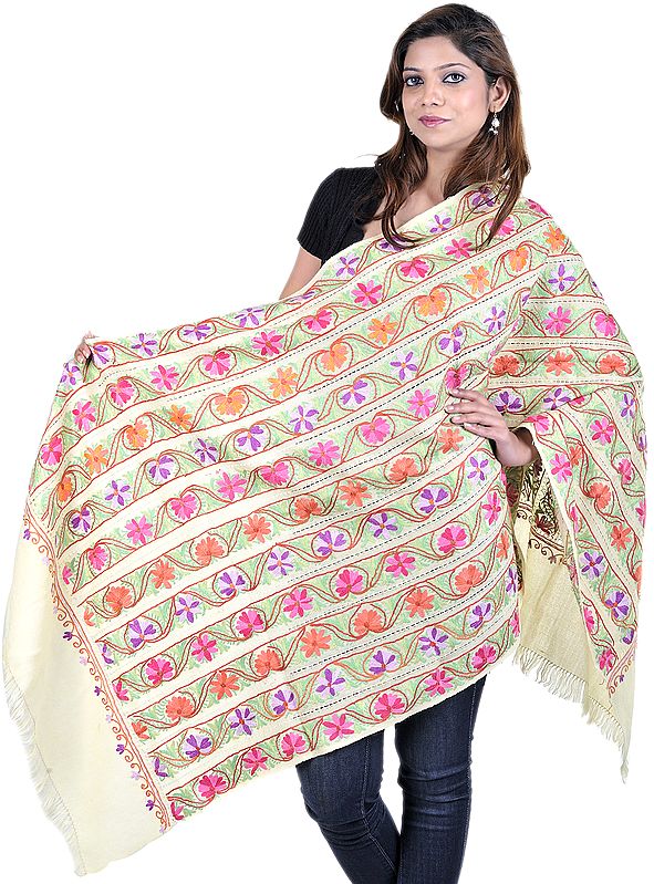 Mellow-Yellow Stole from Kashmir with Aari-Embroidered Flowers by Hand All-Over