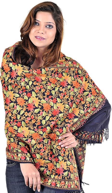Midnight-Blue Kashmiri Stole with Densely Embroidered Flowers All-Over