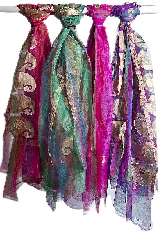 Lot of Four Chanderi Dupattas with Woven Paisleys