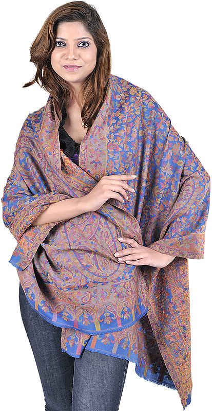 Star Sapphire-Blue Kani Stole with Woven Paisleys in Multi-Color Threads