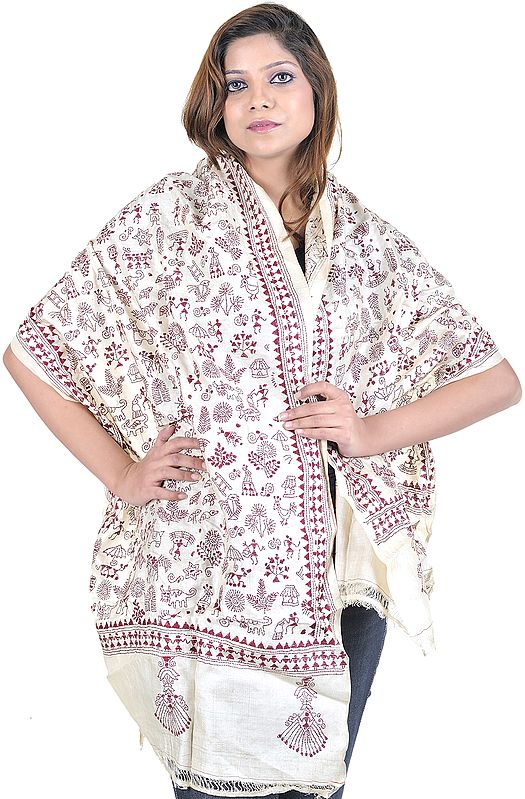 Beige Scarf with Hand Embroidered Folk Figures Inspired By Warli Art