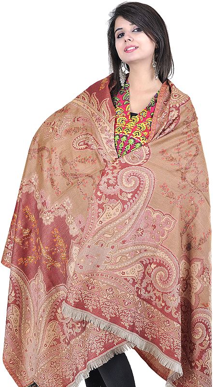 Beige and Red Jamawar Shawl with Needle Stitched Embroidered Paisleys