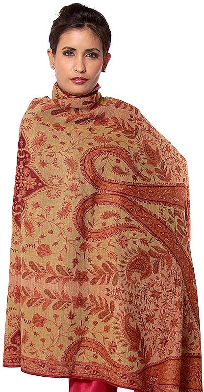 Cordovan and Beige Reversible Jamawar Shawl with Large Woven Paisleys