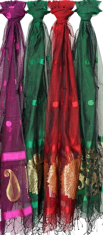 Lot of Four Banarasi Dupattas with Golden Thread Weave