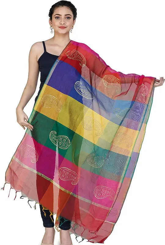 Multi-Color Rainbow Chanderi Dupatta with Printed Paisleys