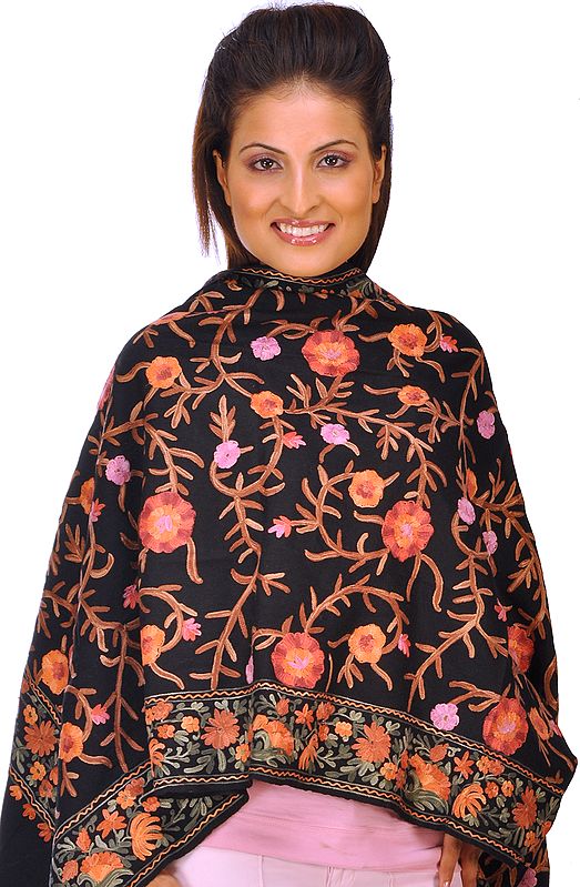 Black Kashmiri Stole with Aari Embroidered Flowers All-Over