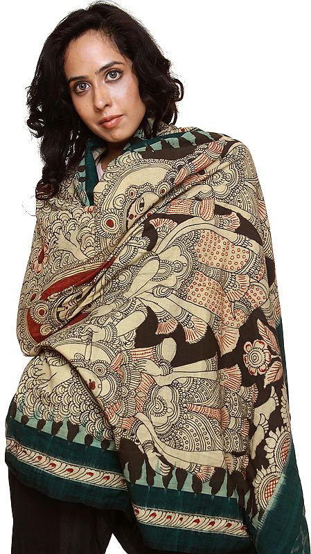 Beige and Green Kalamkari Dupatta with Hand Painted Lord Krishna with Gopis