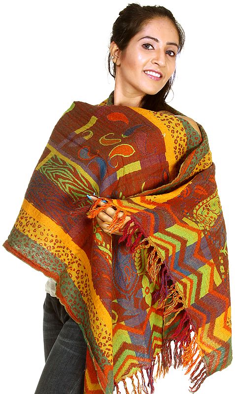 Multi-Color Reversible Jamawar Stole with Woven Flowers and Paisleys