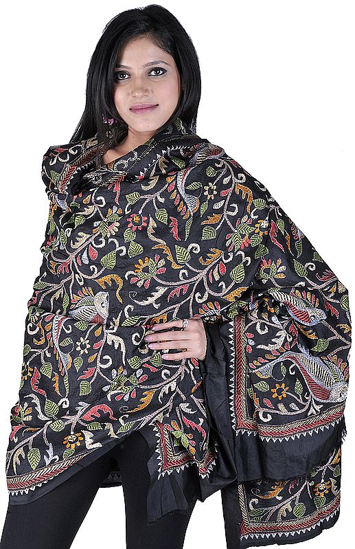 Black Dupatta-Wrap with Kantha Stitched Embroidered Fishes by Hand