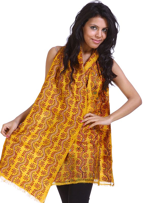 Mustard-Yellow Printed Scarf with Kantha Stitch Embroidered Flowers