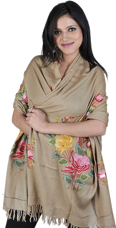 Dune Stole from Kashmir with Aari-Embroidered Flowers by Hand