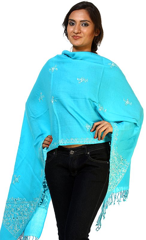 Blue Atoll Stole from Amritsar with Embroidered Flowers and Sequins