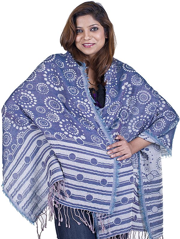 Crown-Blue Reversible Jamawar Stole with All-Over Woven Circles