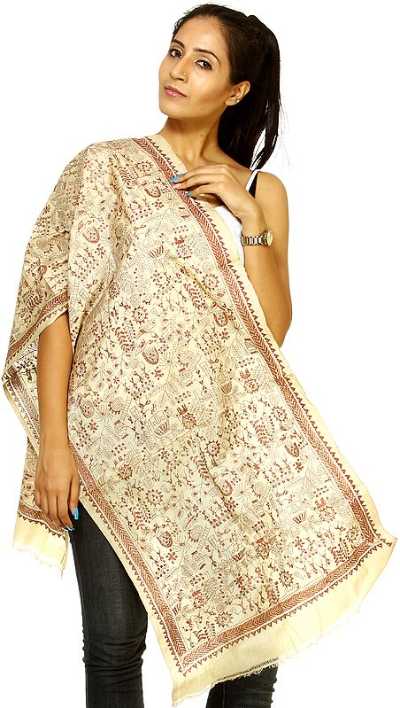 Beige Kantha Scarf with Embroidered Folk Figures Inspired by Warli Art