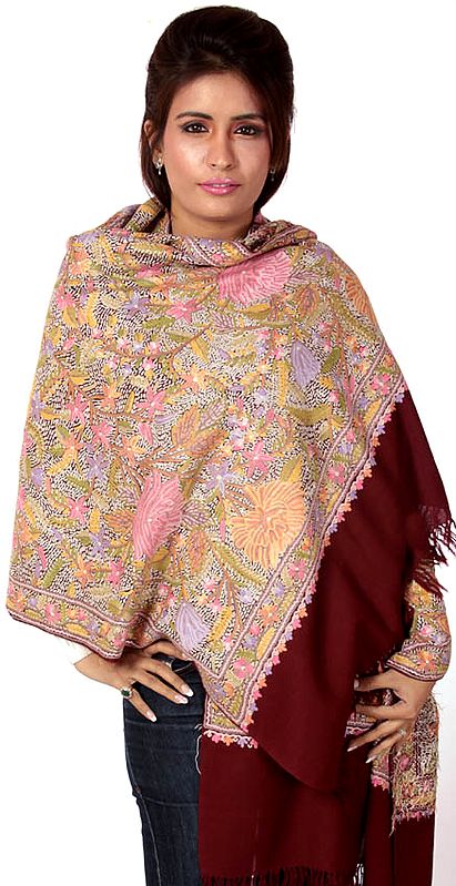 Cordovan-Red Kashmiri Stole with Densely Hand Embroidered Flowers All-Over