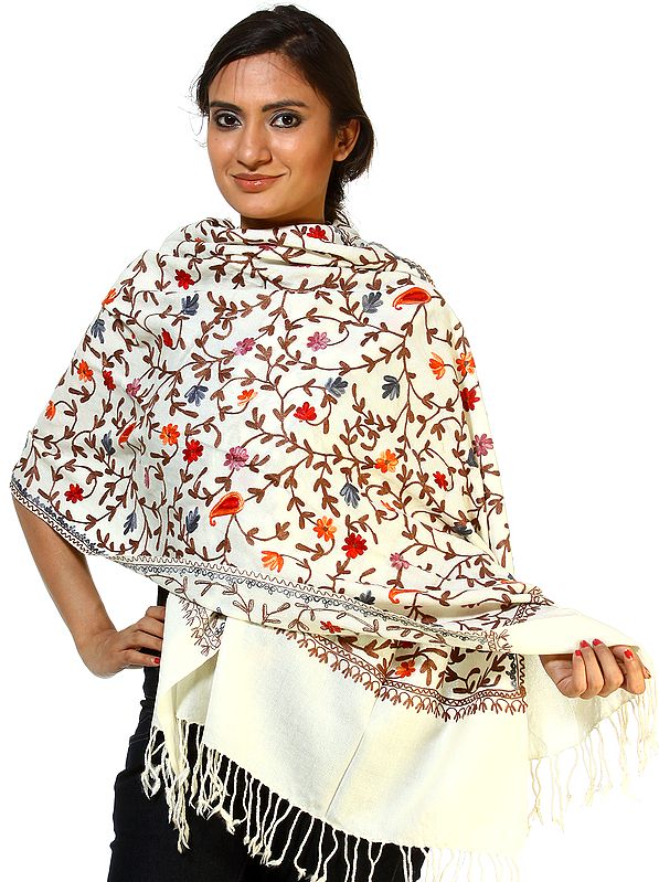 Ivory Stole from Amritsar with Aari-Embroidered Flowers All-Over