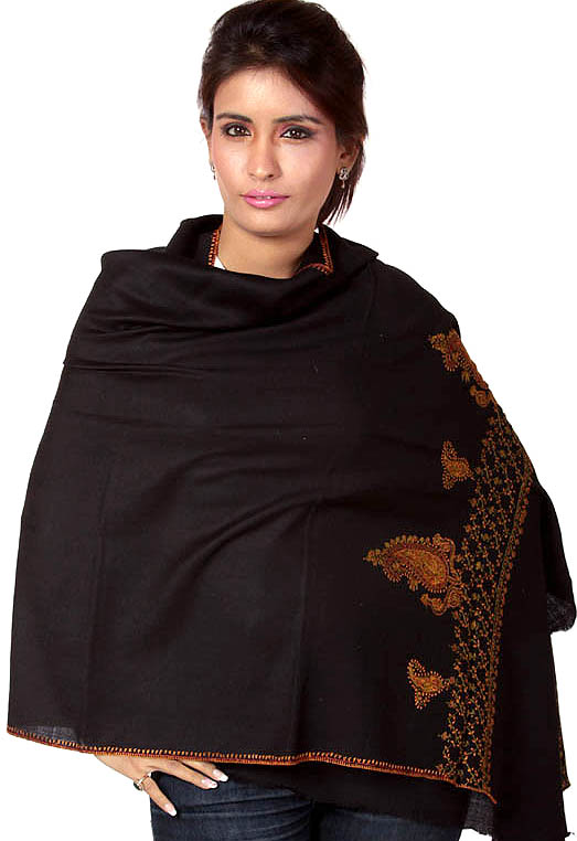 Black Stole from Kashmir with Hand Needle Stitch Embroidered Paisleys on Border