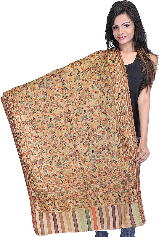 Beige Kani Pure Pashmina Stole with Woven Paisleys and Flowers in Multi-Color Thread