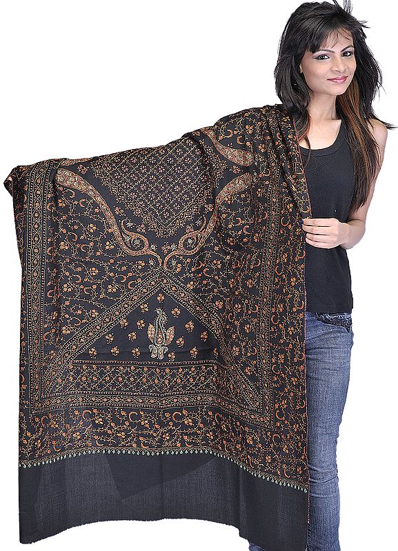 Black Kashmiri Tusha Shawl with All-Over Sozni Embroidery by Hand