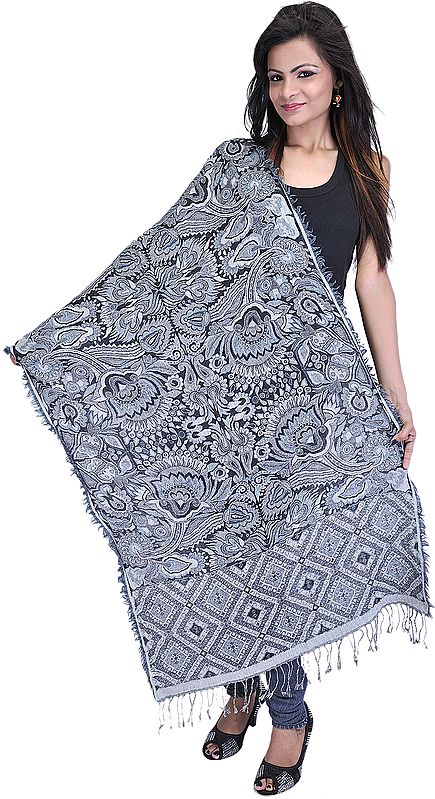 Dark Denim and Gray Reversible Jamawar Stole with All-Over Woven Flowers