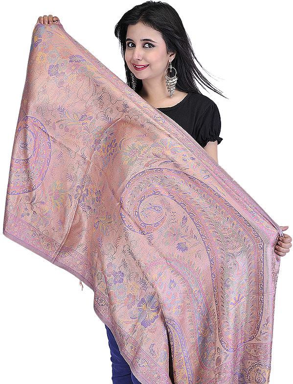 Coral-Pink Super-Silk Jamawar Stole with Large Woven Paisleys