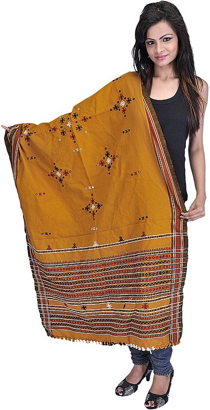 Mustard-Yellow Shawl from Kutch with Embroidered Bootis and Mirrors
