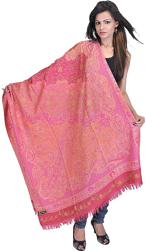 Magenta Jamawar Shawl with Needle Stitched Embroidered Flowers
