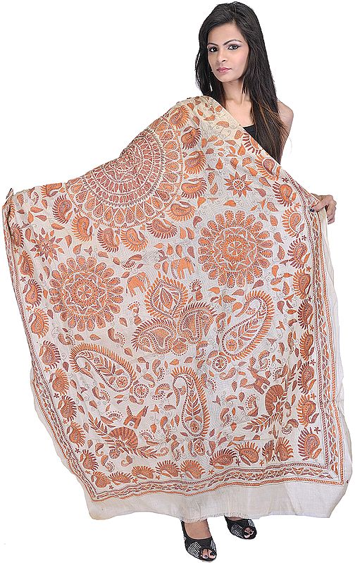 Beige Dupatta-Wrap with Kantha Stitched Embroidered Paisleys and Elephants by Hand
