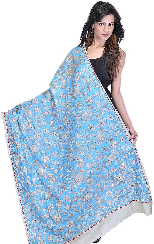 Bonnie-Blue Dupatta-Wrap with Kantha Stitched Embroidered Flowers by Hand