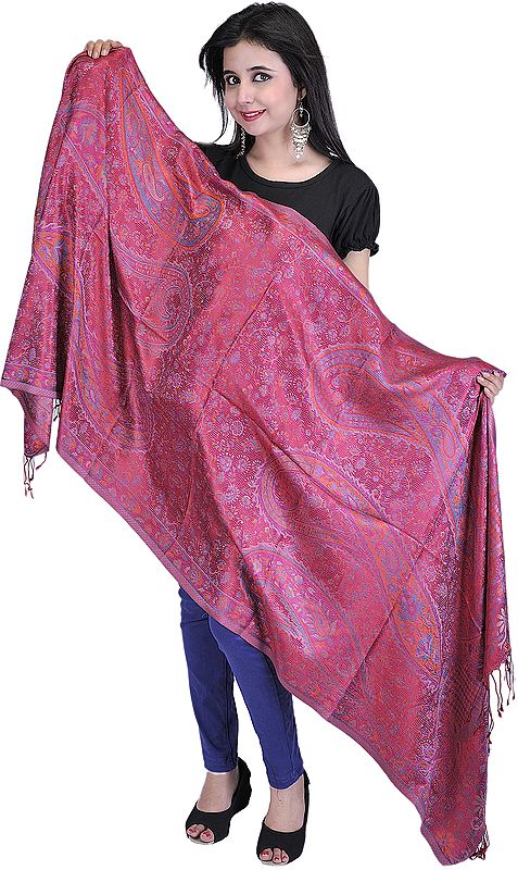 Raspberry-Wine Super-Silk Reversible Jamawar Stole with Paisleys Woven in Multi-Colored Thread