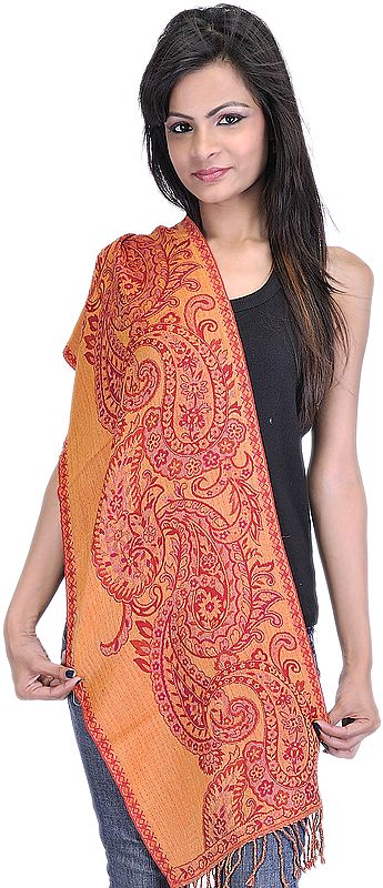Orange and Red Reversible Jamawar Scarf with Woven Paisleys and Flowers