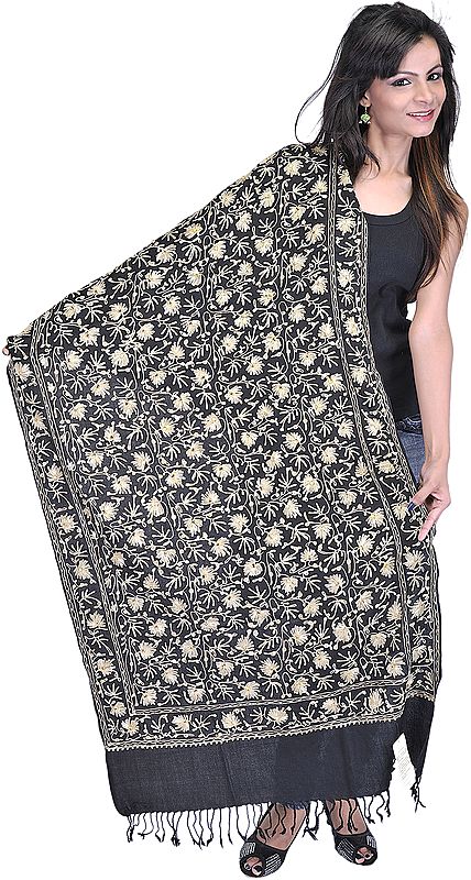 Caviar-Black Stole from Amritsar with Aari Embroidered Flowers and Sequins