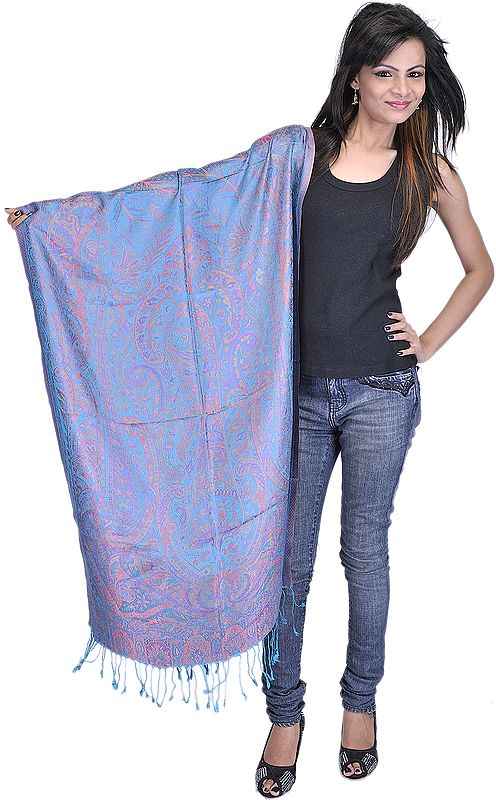 Turquoise Super-Silk Jamawar Stole with Large Woven Paisleys
