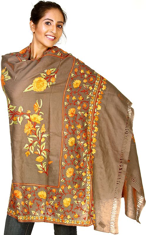 Khaki Shawl from Kashmir with Aari-Embroidered Flowers