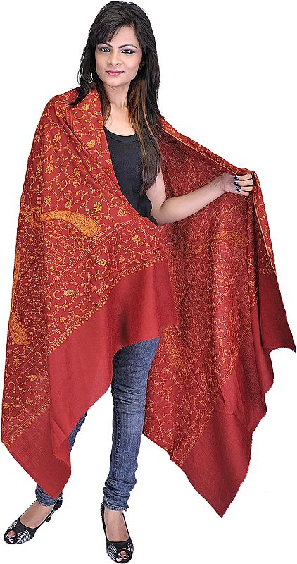 Red Ochre Kashmiri Tusha Shawl with Jafreen Jaal Embroidery by Hand