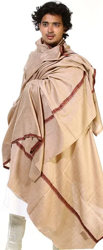 Beige Plain Men's Dushala with Hand-Embroidered Border