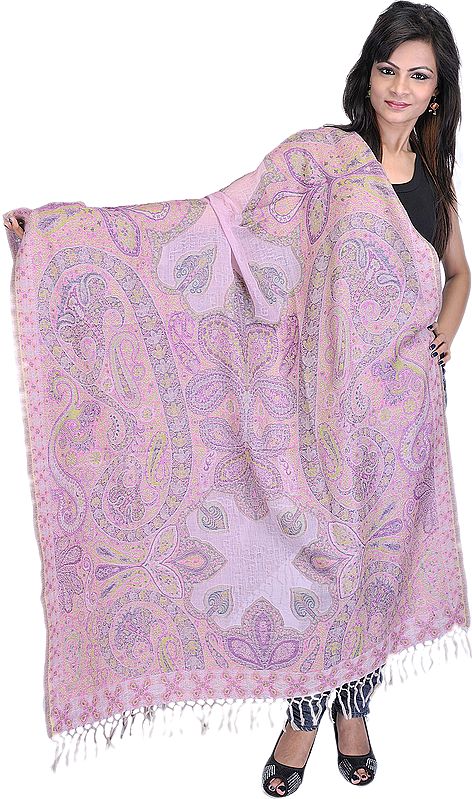 Fuchsia-Pink Reversible Jamawar Shawl with Woven Paisleys and Flowers