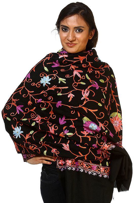 Black Shawl from Kashmir with Aari-Embroidered Flowers All-Over