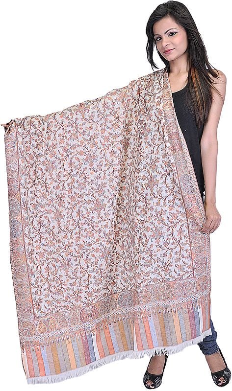 Ivory Kani Shawl with All-Over Woven Paisleys and Flowers in Multi-Color Thread
