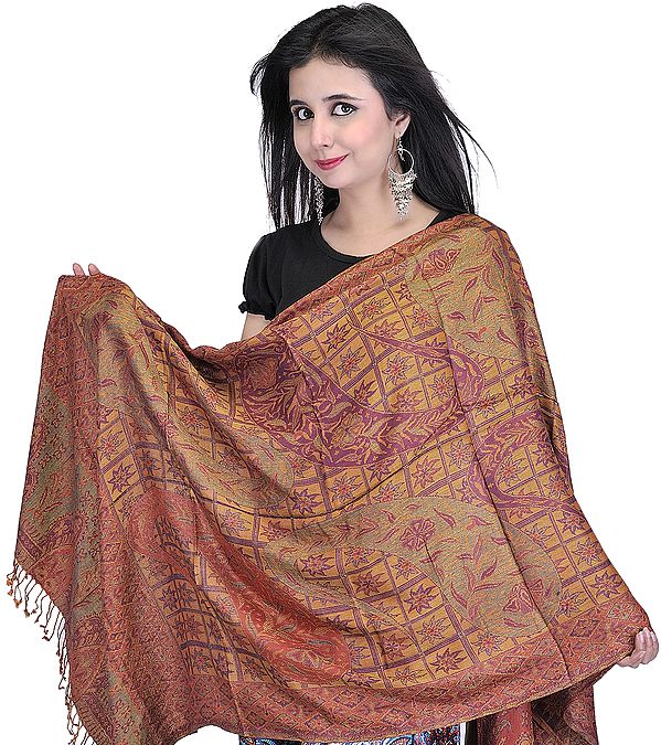 Baked-Clay Reversible Jamawar Stole with Large Woven Paisleys