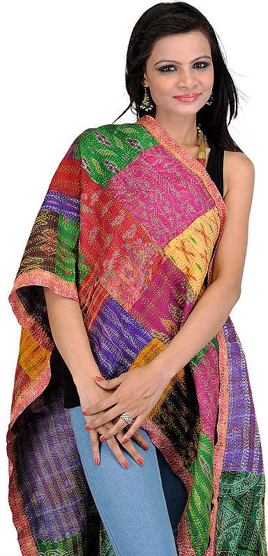 Multi-Color Kantha Embroidered Patchwork Reversible Scarf