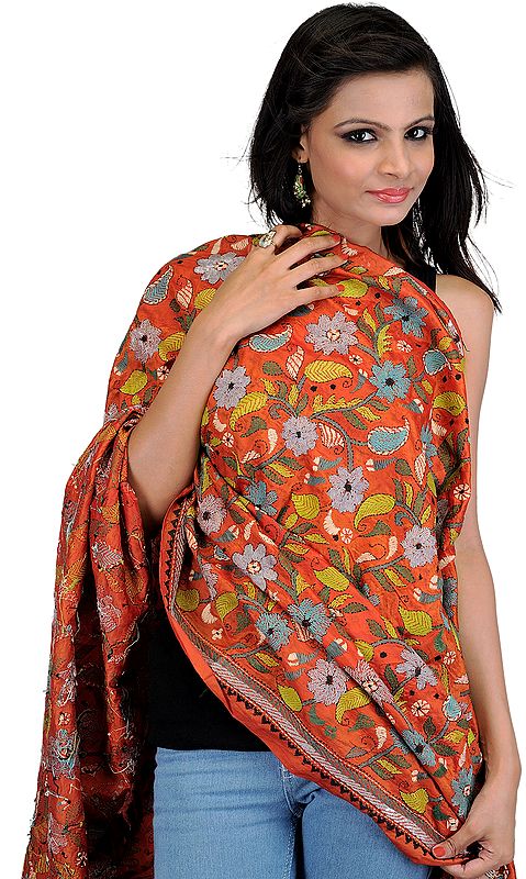 Rust Dupatta-Wrap with Kantha Stitched Embroidered Flowers by Hand
