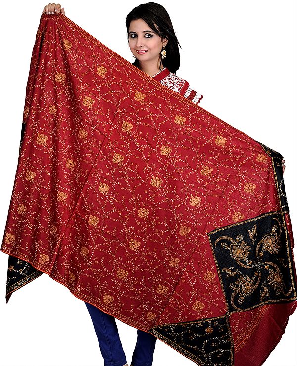Red Ochre and Black Kashmiri Shawl with All-Over Sozni Embroidery by Hand