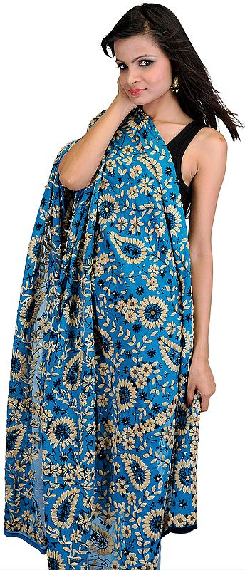 Cendre-Blue Phulkari Dupatta from Punjab with Aari-Embroidered Flowers by Hand