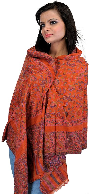 Mecca-Orange Kani Stole with All-Over Woven Paisleys and Flowers in Multi-Color Thread