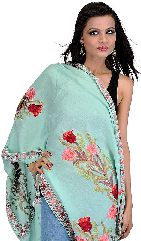 Bay-Green Stole from Kashmir with Aari Embroidered Tulips