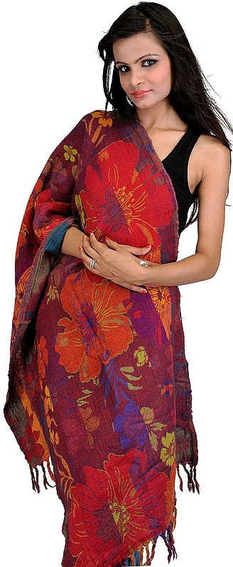 Ribbon-Red Reversible Jamawar Stole with Large Woven Flowers