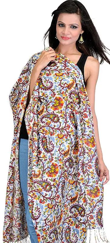 Vaporous-Gray Stole with Kani Print in Multi-Color